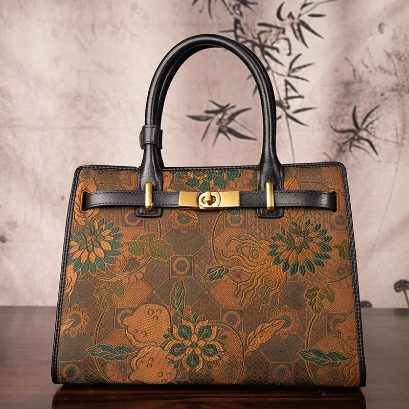 Handmade Song Brocade Chinoiserie Vintage Brown Kelly Bag - 图片 2