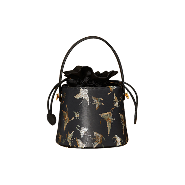 Brocade Black Bucket Bag Designer Butterfly Handbag