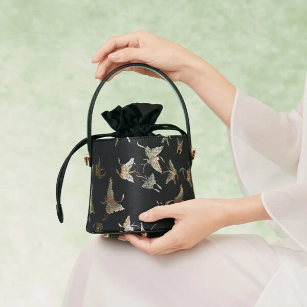 Brocade Black Bucket Bag Designer Butterfly Handbag - 图片 2