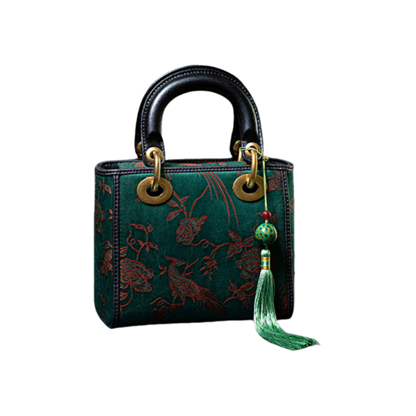 Xiangyunsha Silk Green Retro Cowhide Handbag with Pendant