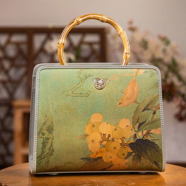 Mulberry Silk Bamboo Handle Green Square Handbag with Scarf - 图片 2