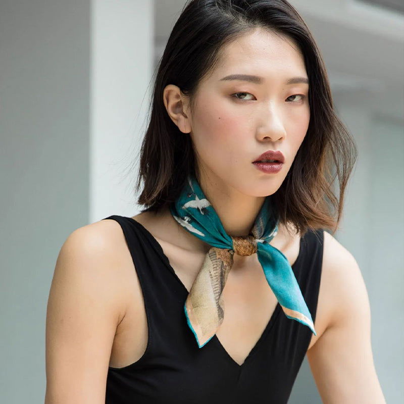 Mulberry Silk Crane Square Scarf Traditional Chinese Design 52x52cm - 图片 2