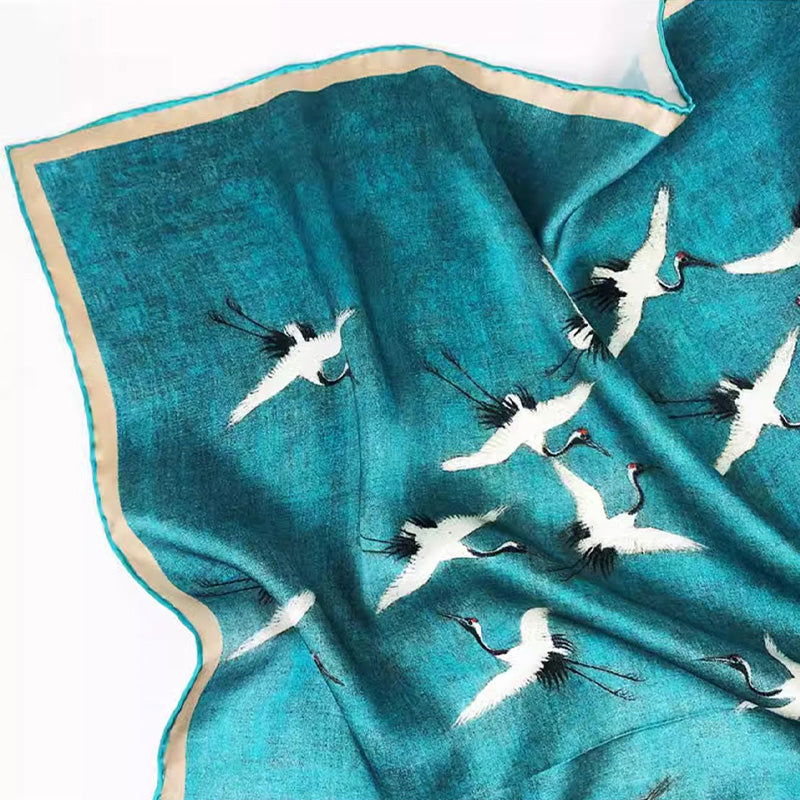 Mulberry Silk Crane Square Scarf Traditional Chinese Design 52x52cm - 图片 5