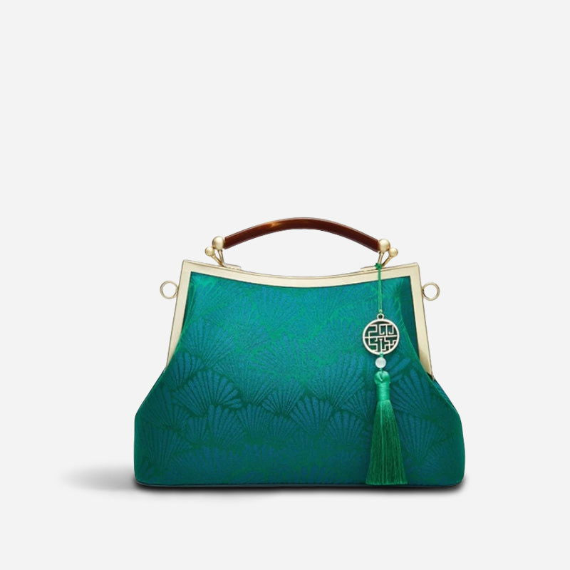 Mulberry Silk Green Pine Leaf Vintage Kiss Lock Clasp Bag - 图片 10
