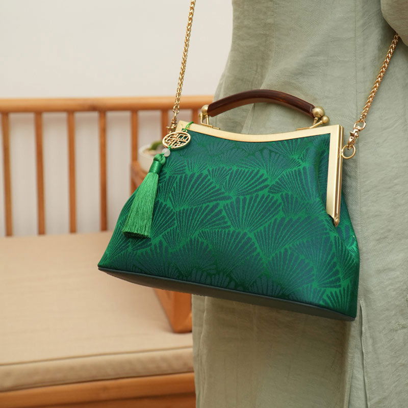 Mulberry Silk Green Pine Leaf Vintage Kiss Lock Clasp Bag - 图片 2