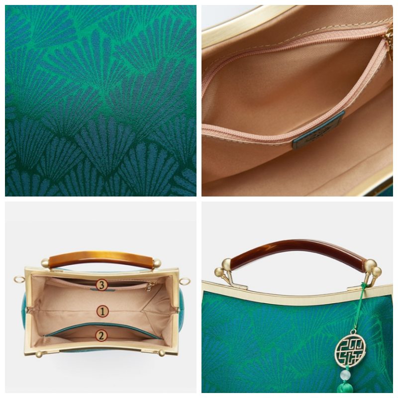 Mulberry Silk Green Pine Leaf Vintage Kiss Lock Clasp Bag - 图片 9