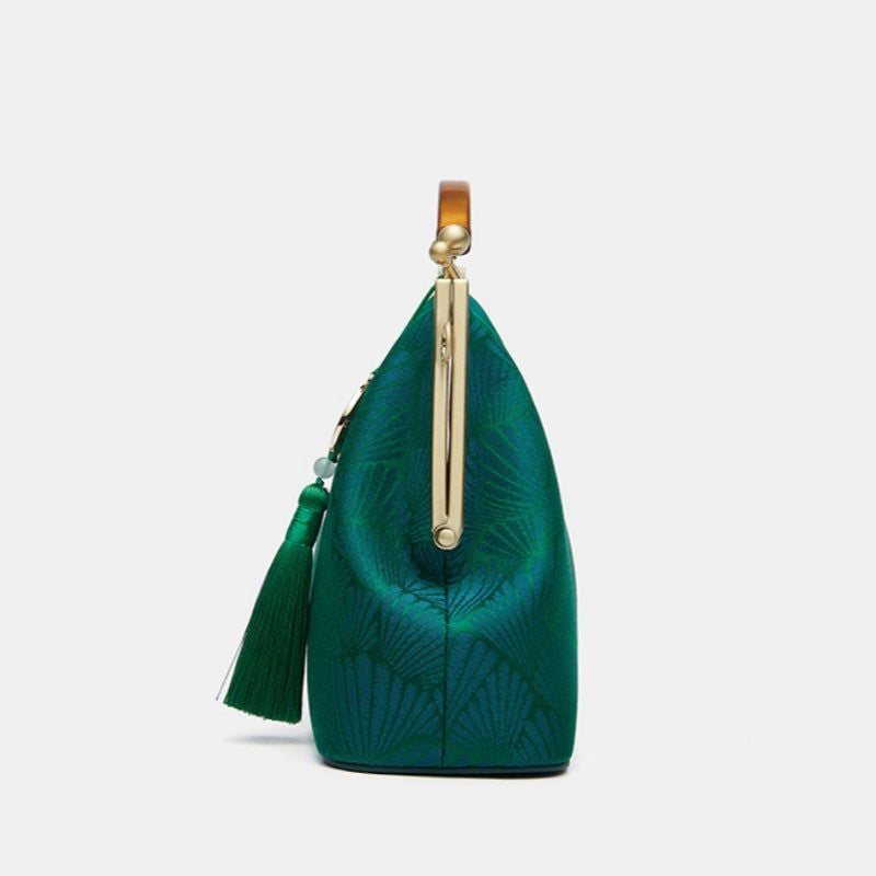 Mulberry Silk Green Pine Leaf Vintage Kiss Lock Clasp Bag - 图片 11