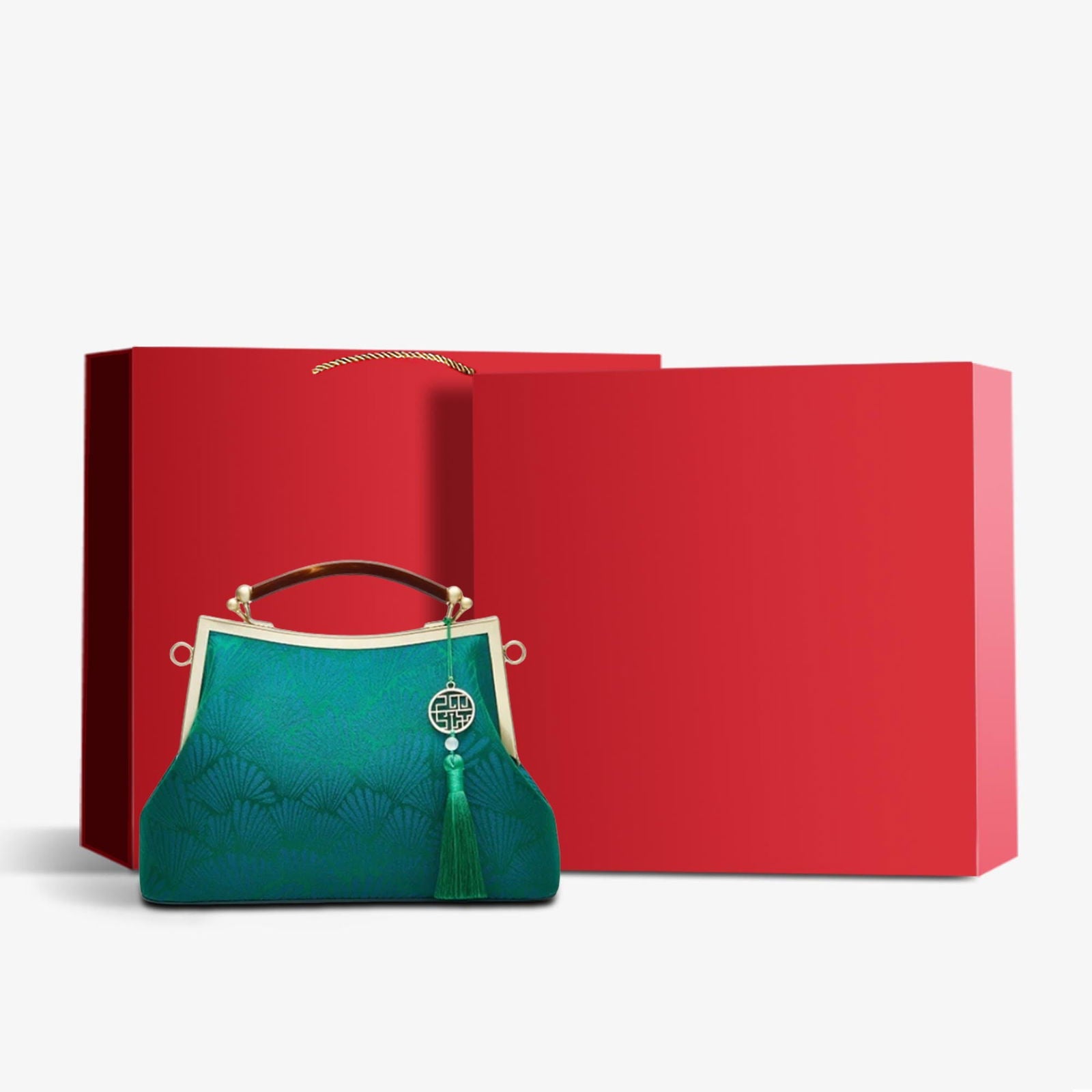 Mulberry Silk Green Pine Leaf Vintage Kiss Lock Clasp Bag - 图片 14