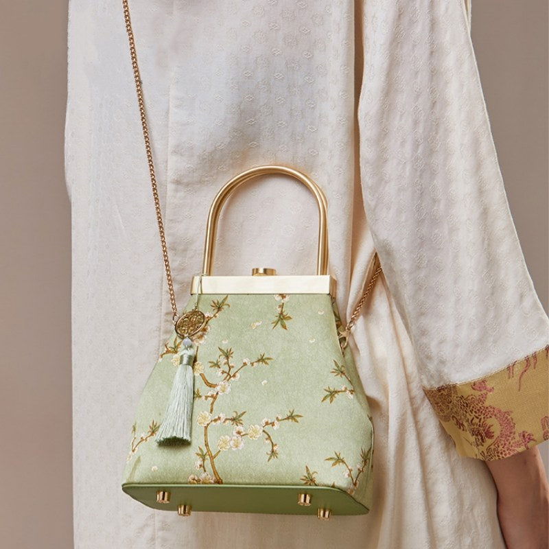 Mulberry Silk Luxury Light Green Kiss Lock Clutch Bag - 图片 4