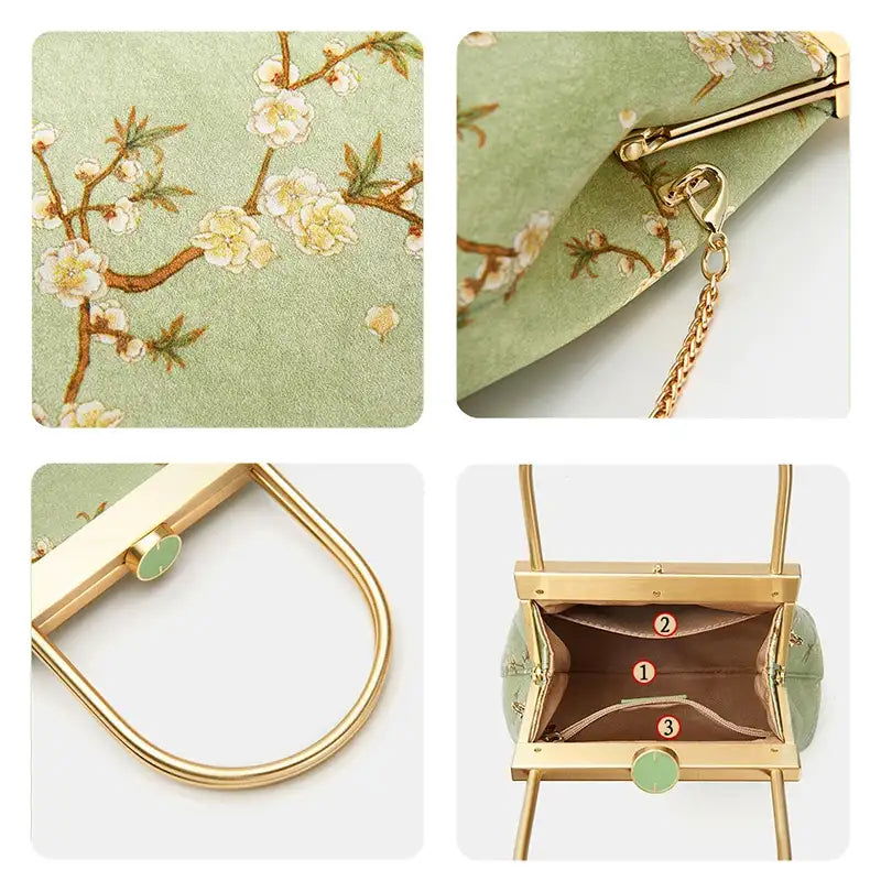 Mulberry Silk Luxury Light Green Kiss Lock Clutch Bag - 图片 7