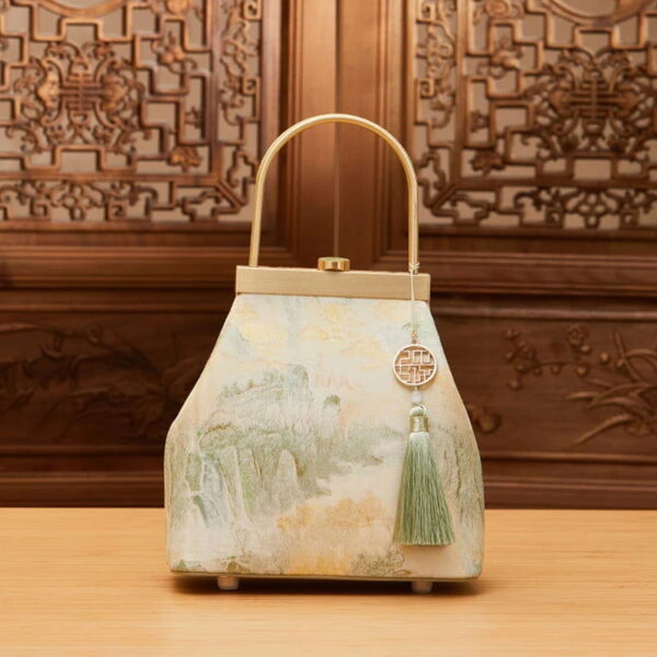Mulberry Silk Luxury Light Green Kiss Lock Clutch Bag - 图片 2