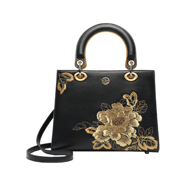 Embroidery Leather Black Lady Bag Gold Peony Luxury Handbag