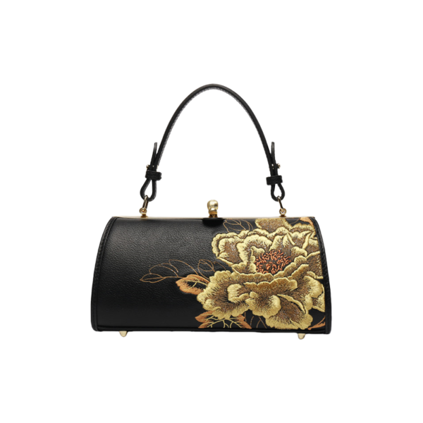 Embroidery Leather Chain Barrel Bag Royal Gold Peony Luxury Handbag