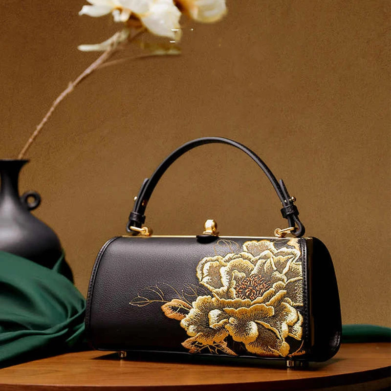 Embroidery Leather Chain Barrel Bag Royal Gold Peony Luxury Handbag - 图片 8