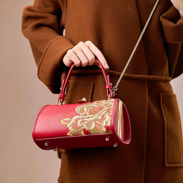 Embroidery Leather Chain Barrel Bag Royal Gold Peony Luxury Handbag - 图片 6