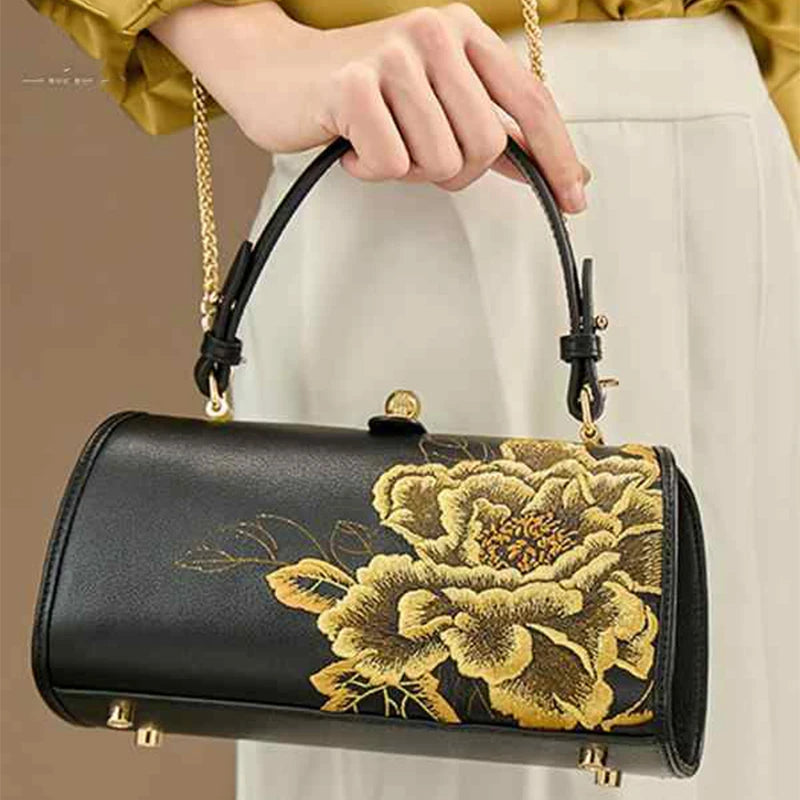 Embroidery Leather Chain Barrel Bag Royal Gold Peony Luxury Handbag - 图片 4