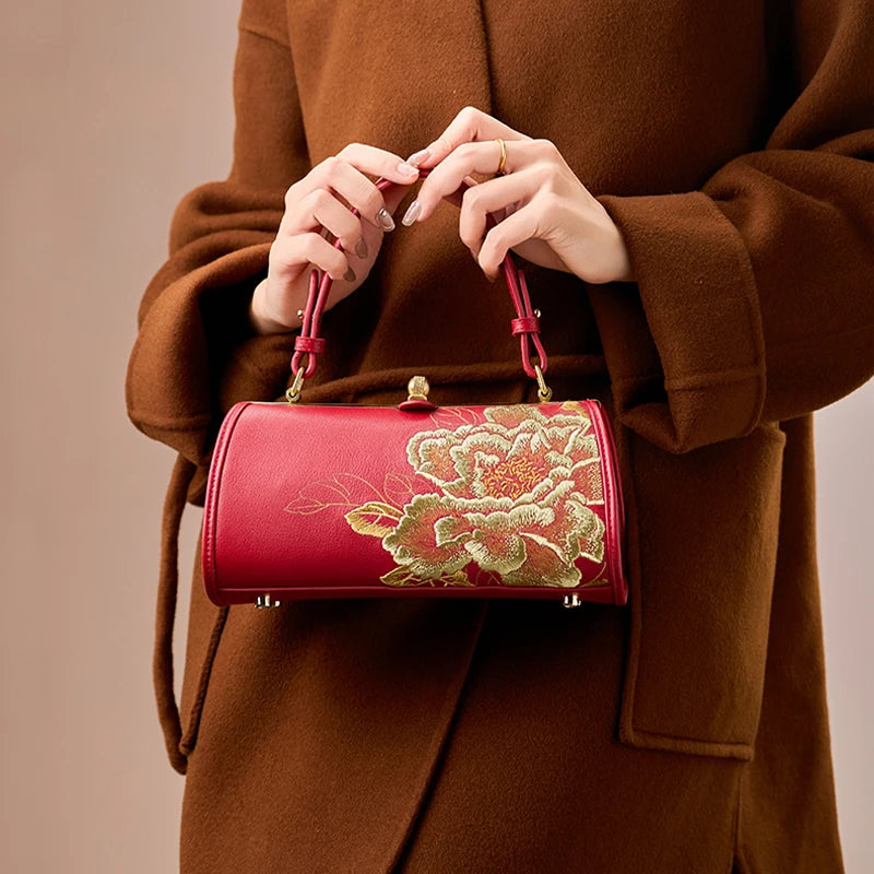 Embroidery Leather Chain Barrel Bag Royal Gold Peony Luxury Handbag - 图片 7