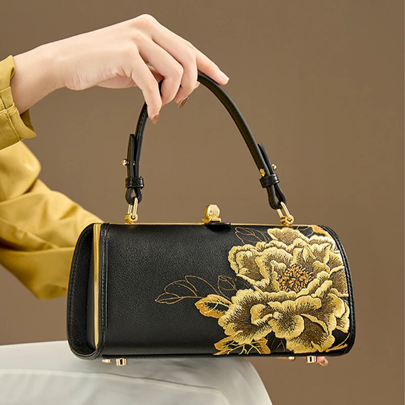 Embroidery Leather Chain Barrel Bag Royal Gold Peony Luxury Handbag - 图片 5