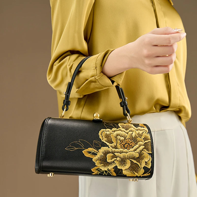 Embroidery Leather Chain Barrel Bag Royal Gold Peony Luxury Handbag - 图片 3