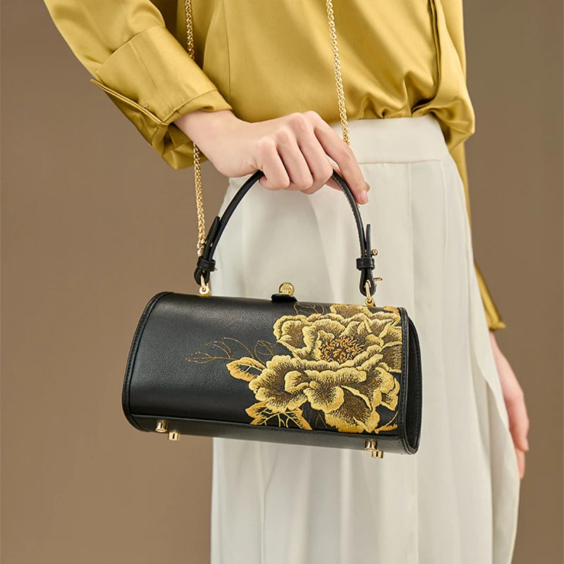 Embroidery Leather Chain Barrel Bag Royal Gold Peony Luxury Handbag - 图片 2
