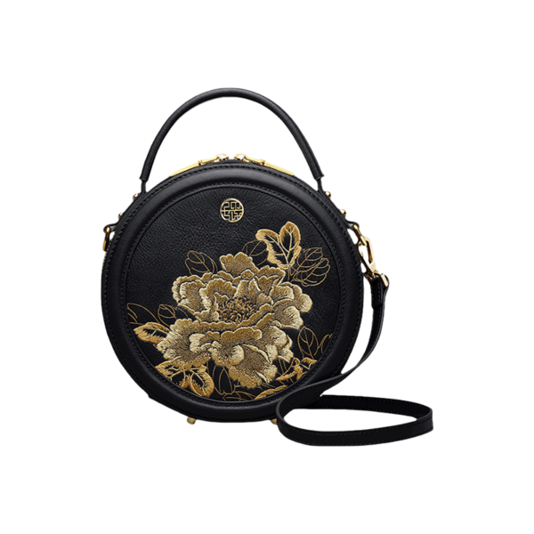 Embroidery Leather Round Handbag High Luxury Royal Gold Peony