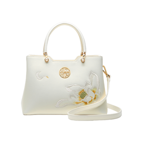 Embroidery Leather White Crossbody Tote Bag Lotus Luxury Gift