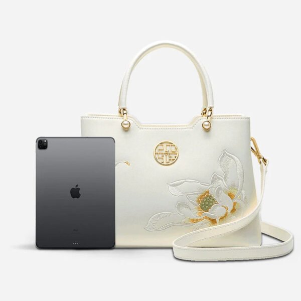 Embroidery Leather White Crossbody Tote Bag Lotus Luxury Gift - 图片 14