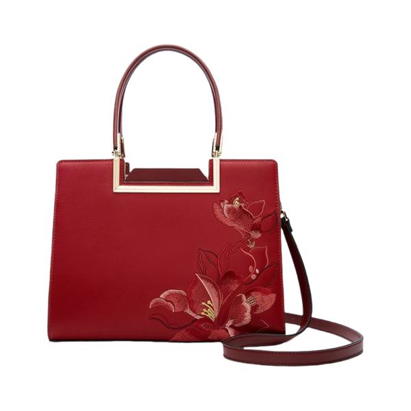 Sinocultural Embroidery Leather Red Tote Bag Magnolia Women's Handbag