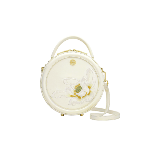 Embroidery Leather White Round Handbag Lotus