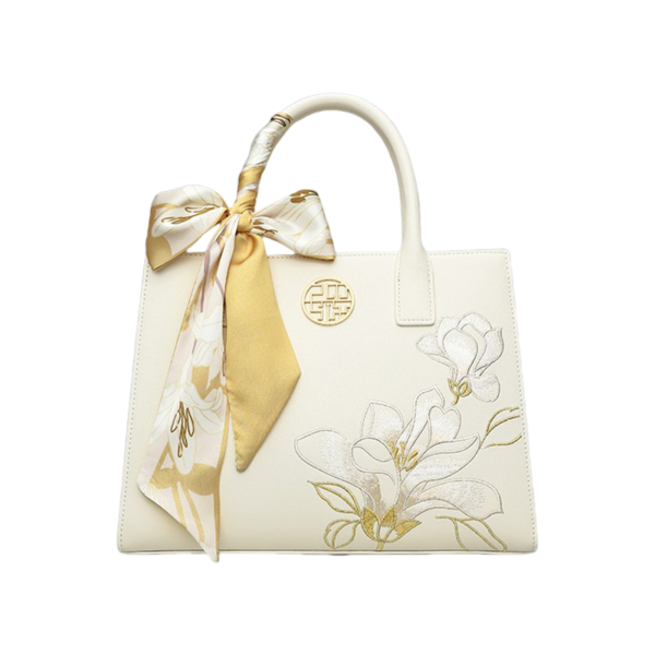 Embroidery Leather White Commuting Handbag Orchid with Scarf