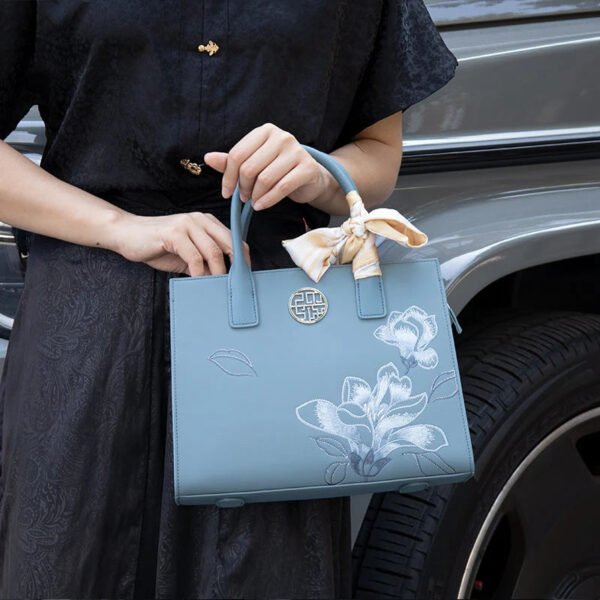 Embroidery Leather White Commuting Handbag Orchid with Scarf - 图片 6