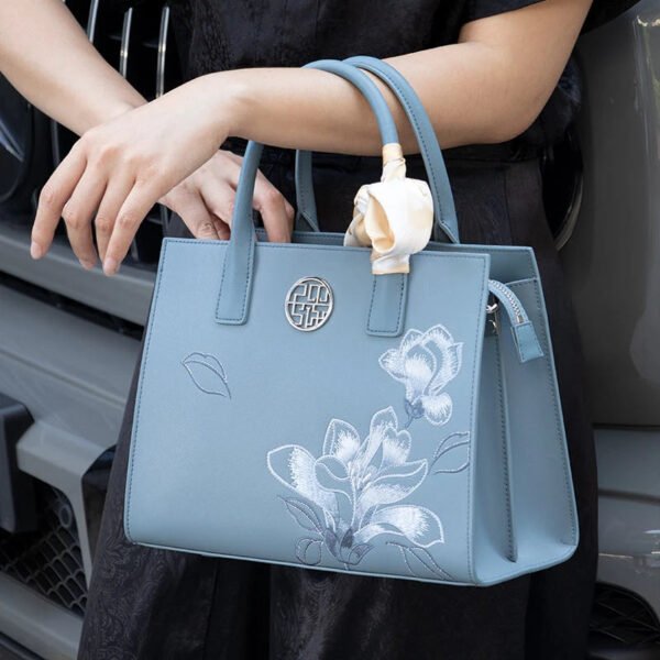 Embroidery Leather White Commuting Handbag Orchid with Scarf - 图片 5