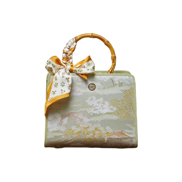 Chinese Painting Mulberry Silk Green Bamboo Handle Square Handbag with Scarf