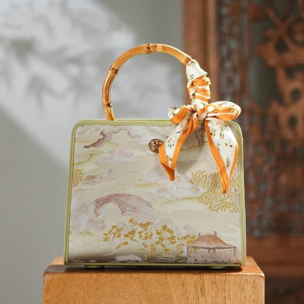 Chinese Painting Mulberry Silk Green Bamboo Handle Square Handbag with Scarf - 图片 2