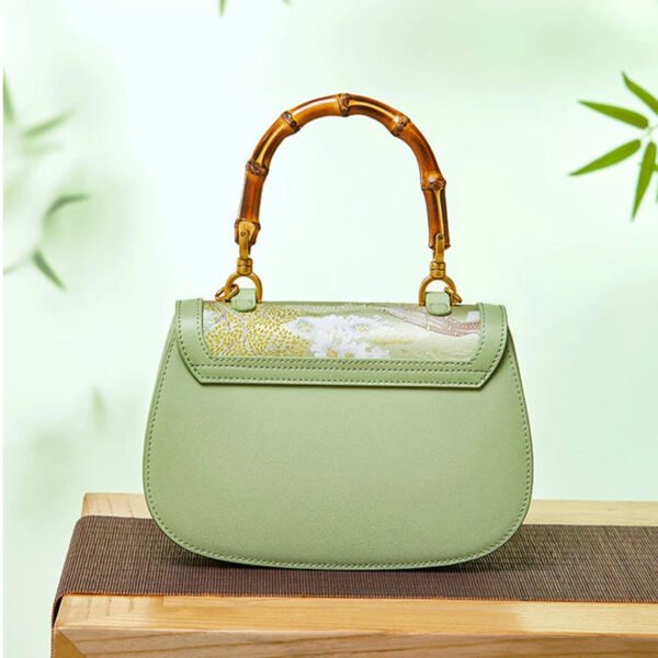 Chinese Painting Mulberry Silk GreenBamboo Handle Handbag - 图片 6