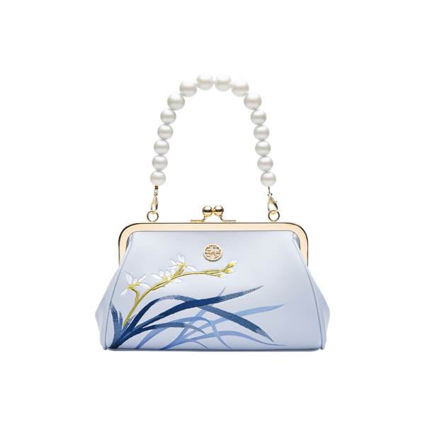 Embroidery Leather Blue Chain Kiss Lock Clutch Handbag Orchid