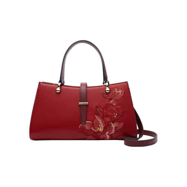 Embroidery Leather Red Magnolia Women's Crossbody Handbag