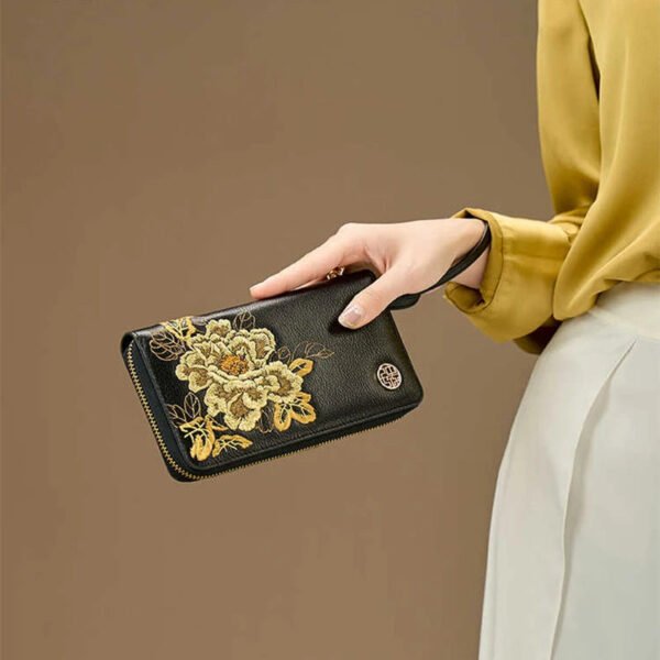 Embroidery Leather Wallet High Luxury Royal Gold Peony - 图片 2