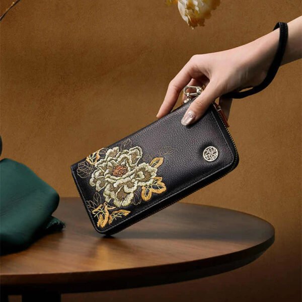 Embroidery Leather Wallet High Luxury Royal Gold Peony - 图片 5