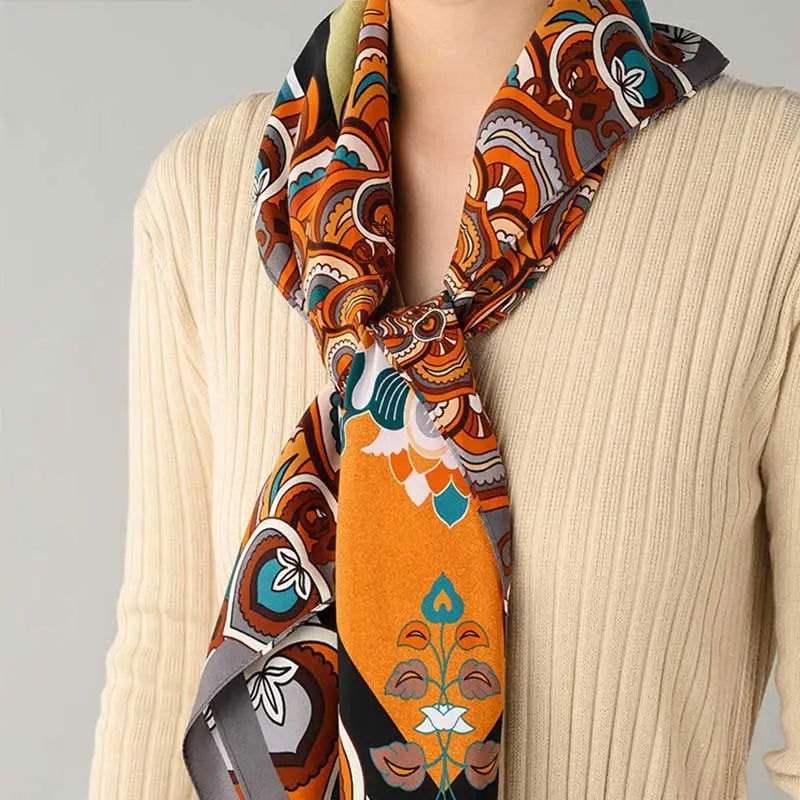 Chinese Style Silk Square Scarf Lotus Design 65 x 65 cm & 88 x 88 cm - 图片 3