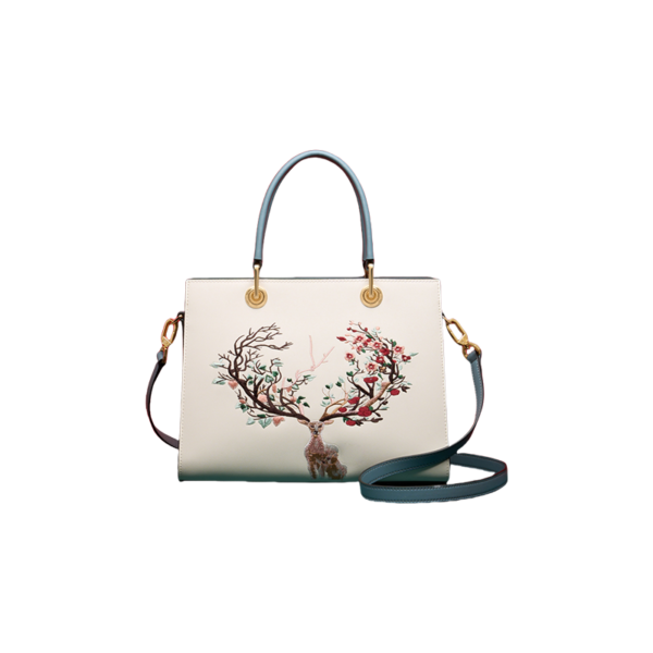 Embroidery Leather Tote Crossbody Bag Tricolor Deer