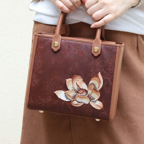 Embroidery Xiangyunsha Silk Tote Bag Hibiscus Elegant Handbag - 图片 3