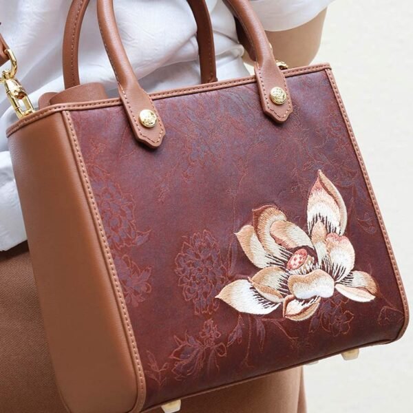 Embroidery Xiangyunsha Silk Tote Bag Hibiscus Elegant Handbag - 图片 4