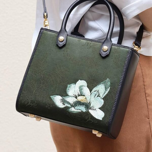 Embroidery Xiangyunsha Silk Tote Bag Hibiscus Elegant Handbag - 图片 6