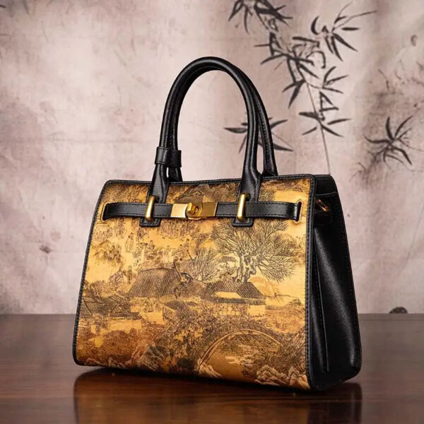 Handmade xiangyunsha Silk Black Leather Kelly Bag Chinese Painting - 图片 3