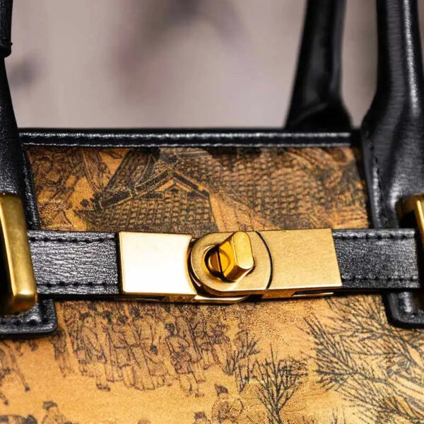 Handmade xiangyunsha Silk Black Leather Kelly Bag Chinese Painting - 图片 10
