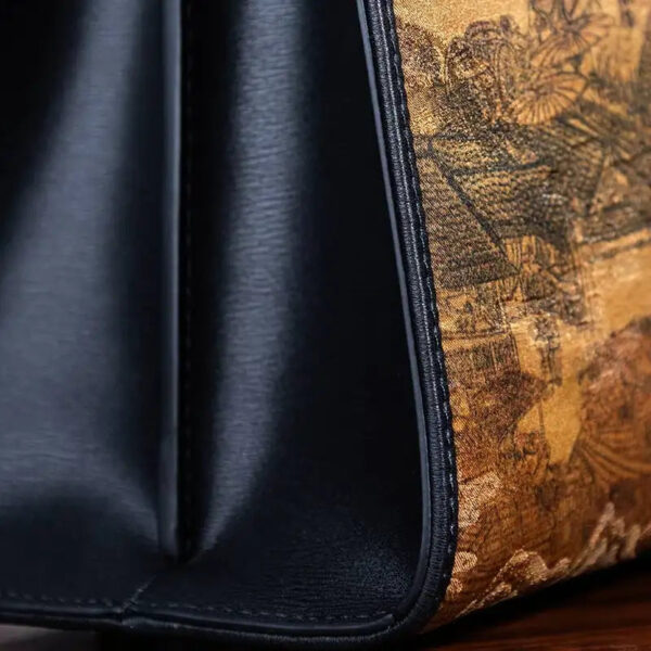 Handmade xiangyunsha Silk Black Leather Kelly Bag Chinese Painting - 图片 11
