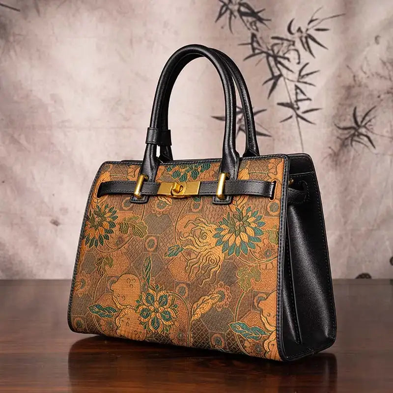 Handmade Song Brocade Chinoiserie Vintage Brown Kelly Bag - 图片 3