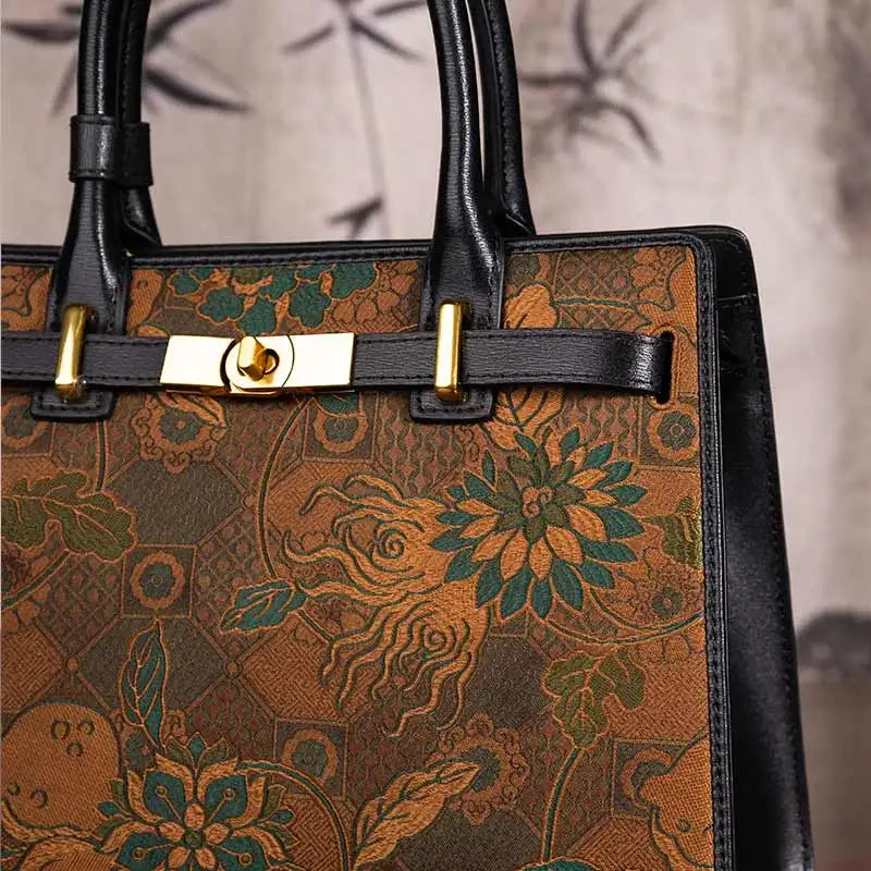 Handmade Song Brocade Chinoiserie Vintage Brown Kelly Bag - 图片 4