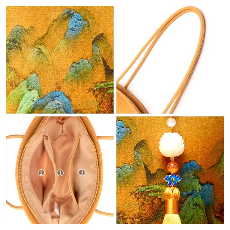 Chinese Painting Mulberry Silk Tote Bag Green Women Handbag - 图片 5